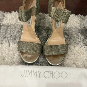Jimmy Choo Glitter Heel Sandals Gold Ankle Strap Open Toe Designer Size 38.5